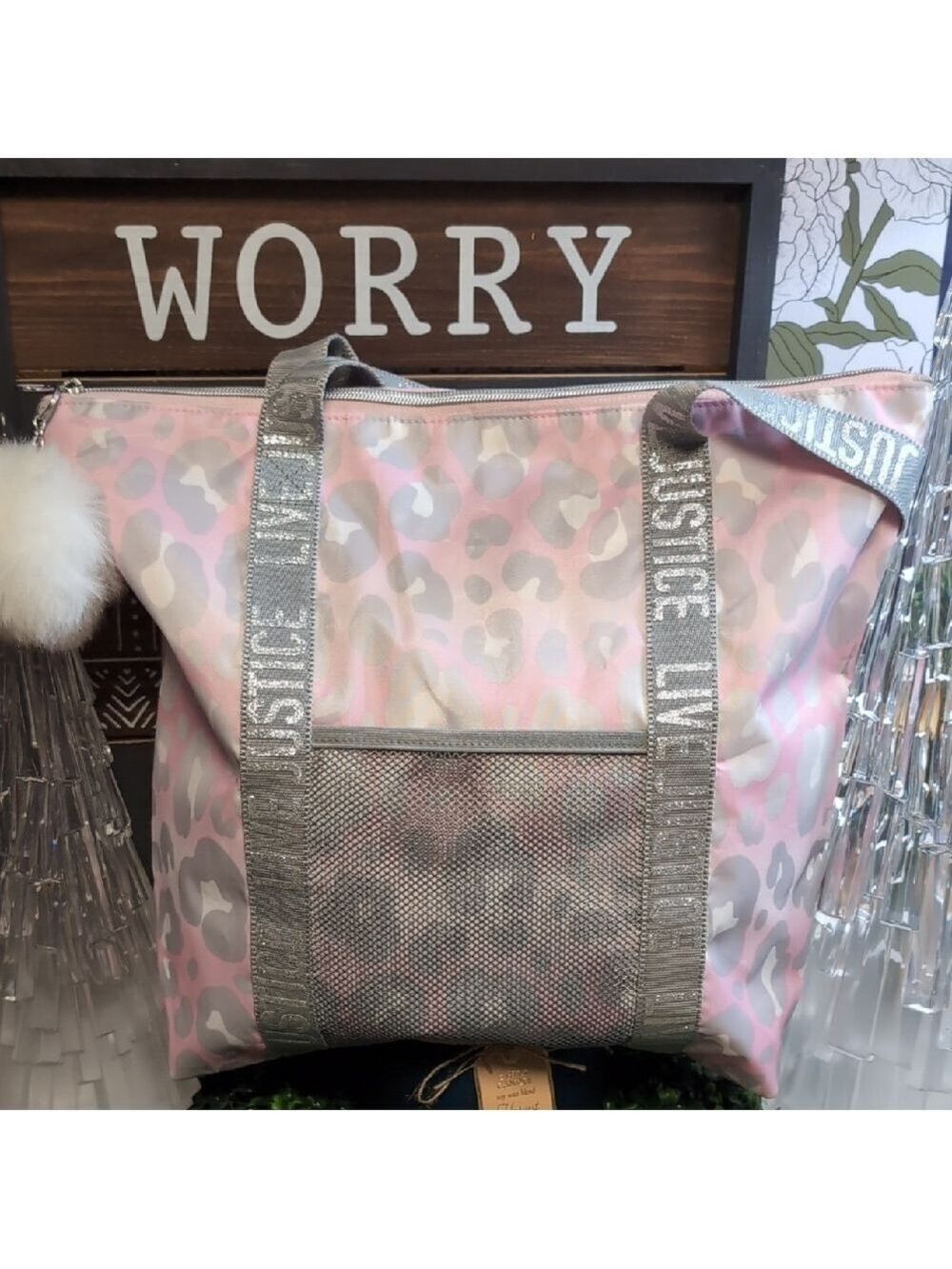 Justice Pink and Silver Tote with Leopard Print
